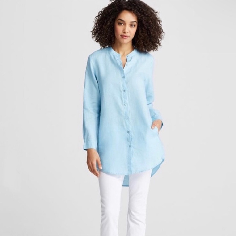 Eileen Fisher Organic Linen Mandarin Collar Tunic Long Sleeve Button Down